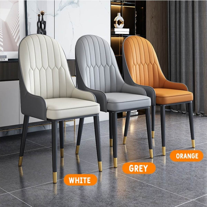 Luxury leather dining chairs in white, grey, and orange for elegant Australian interiors
