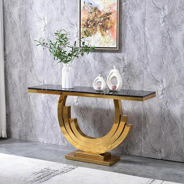 Side view of Lidia console table with glass top in black and gold – refined modern style with sleek, elegant structure