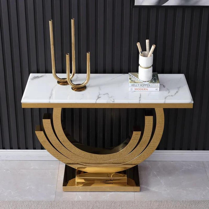 Top view of Lidia console table with glass top in black and gold – sleek surface with elegant, modern design