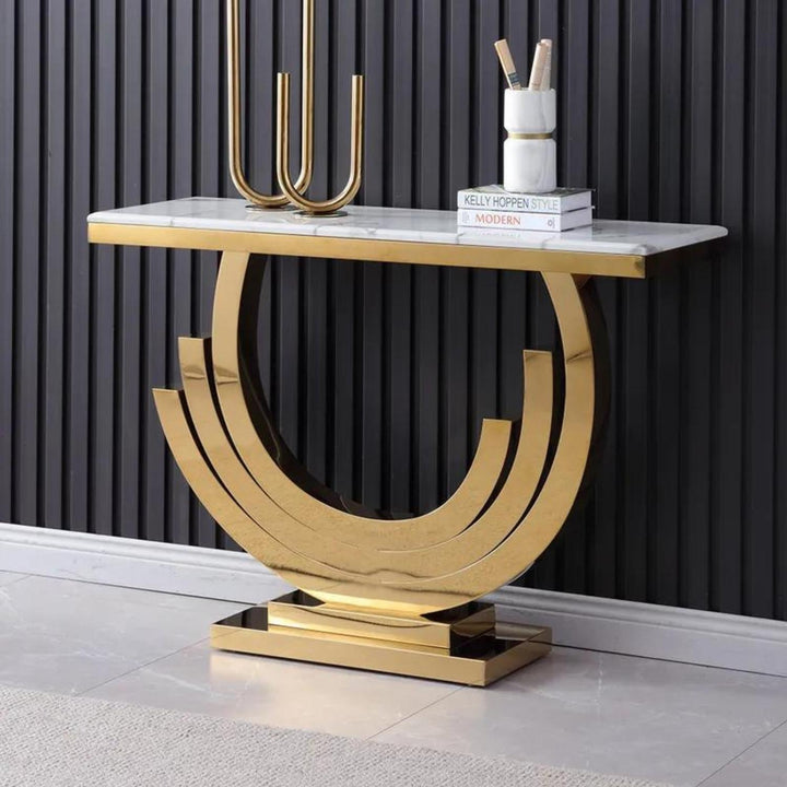 Side view of Lidia console table with glass top in black and gold – modern design with sleek lines and luxurious finish