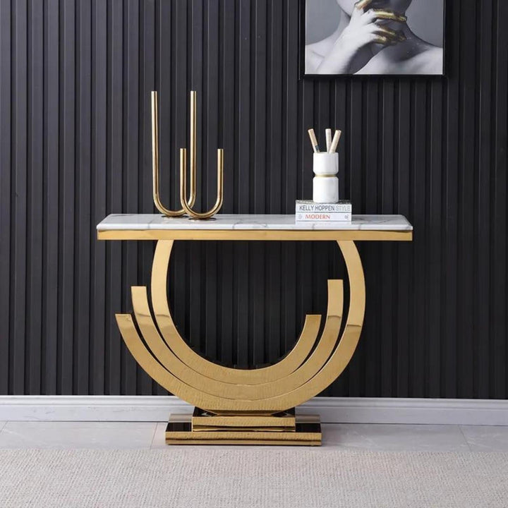 Front view of Lidia console table with glass top in black and gold – modern luxury design with elegant detailing