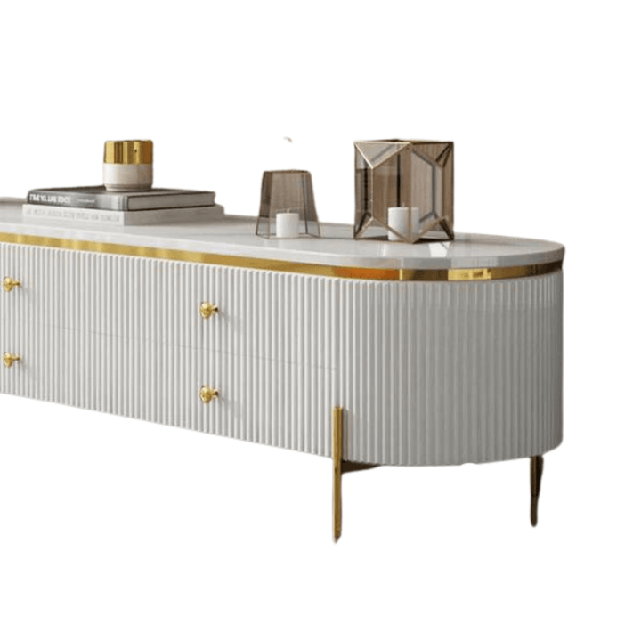 Partial right side view of marble TV table in Australia – stylish design with premium marble surface