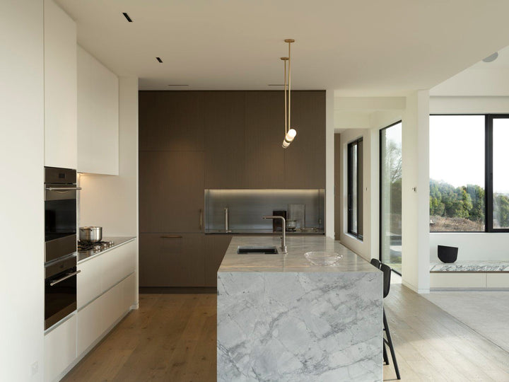 Marmar pendant light in kitchen view, modern marble design enhancing elegant cooking space