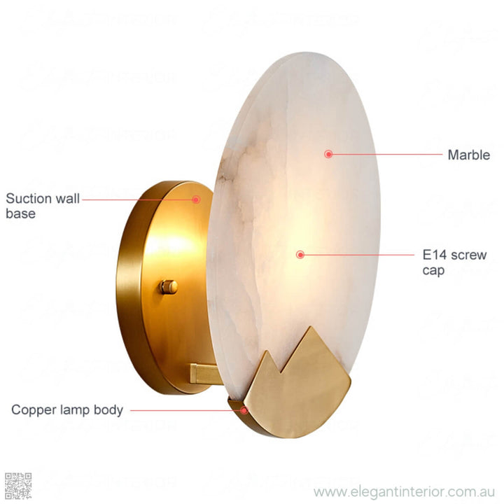 Marmar marble wall light with copper lamp body, E14 screw cap, and suction wall base