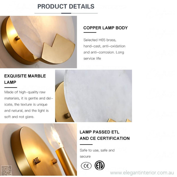 Marmar wall light with copper body and marble lamp, ETL & CE certified for safe elegant lighting