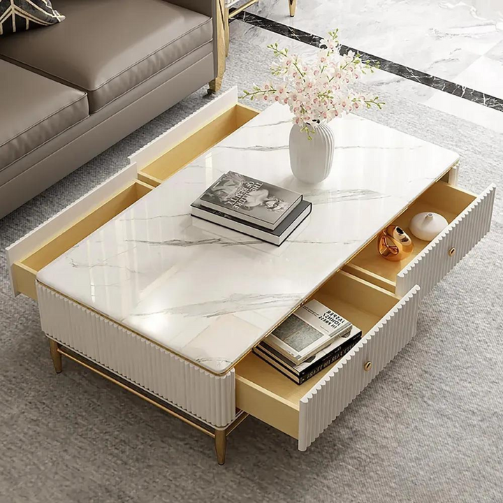Top view of Mina coffee table in Australia with drawer open, showing sleek design and storage
