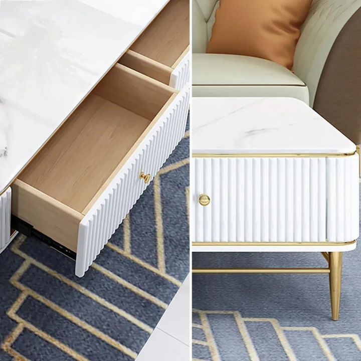 Mina coffee table in Australia with drawer open, showcasing storage and modern design