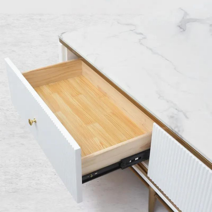 Mina coffee table in Australia with drawer open, modern design featuring functional storage