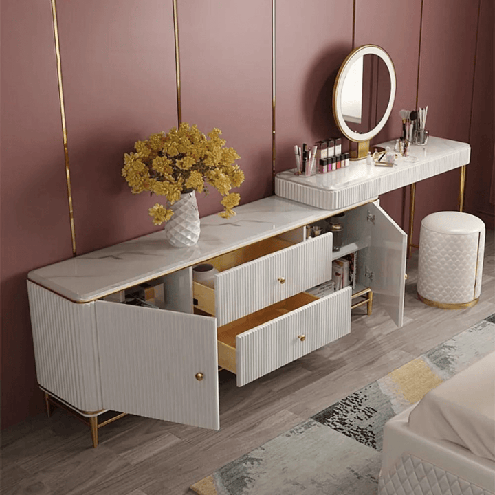 Side view of Mina white makeup table with LED mirror, all drawers open (stool not included)