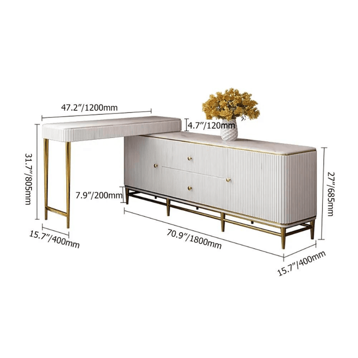 Dimension view of Mina white makeup table with LED mirror, modern vanity (stool not included)