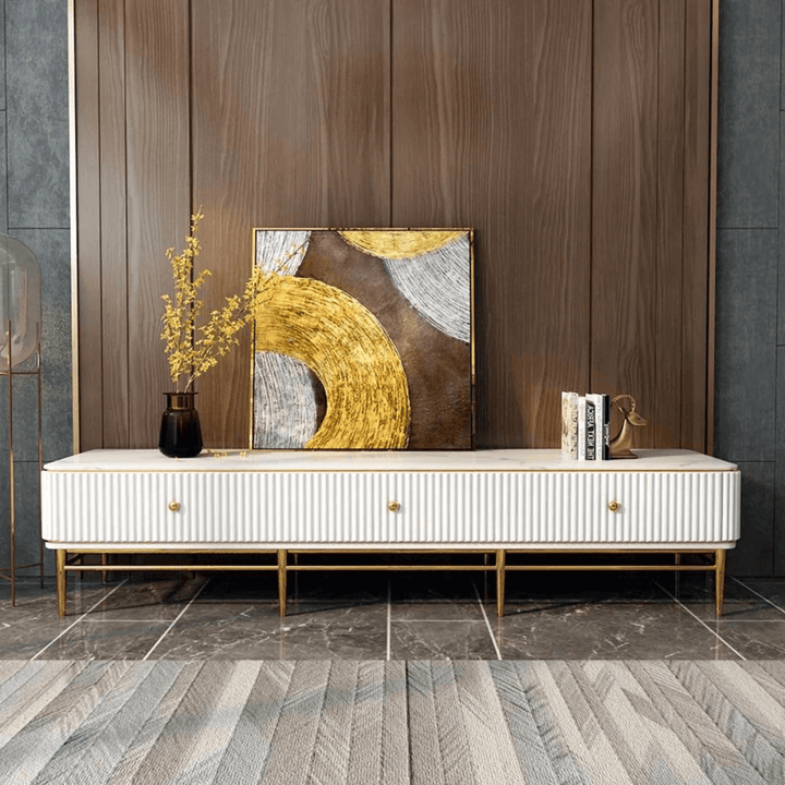 Front view of Mina TV cabinet in Australia, modern design with spacious storage compartments.