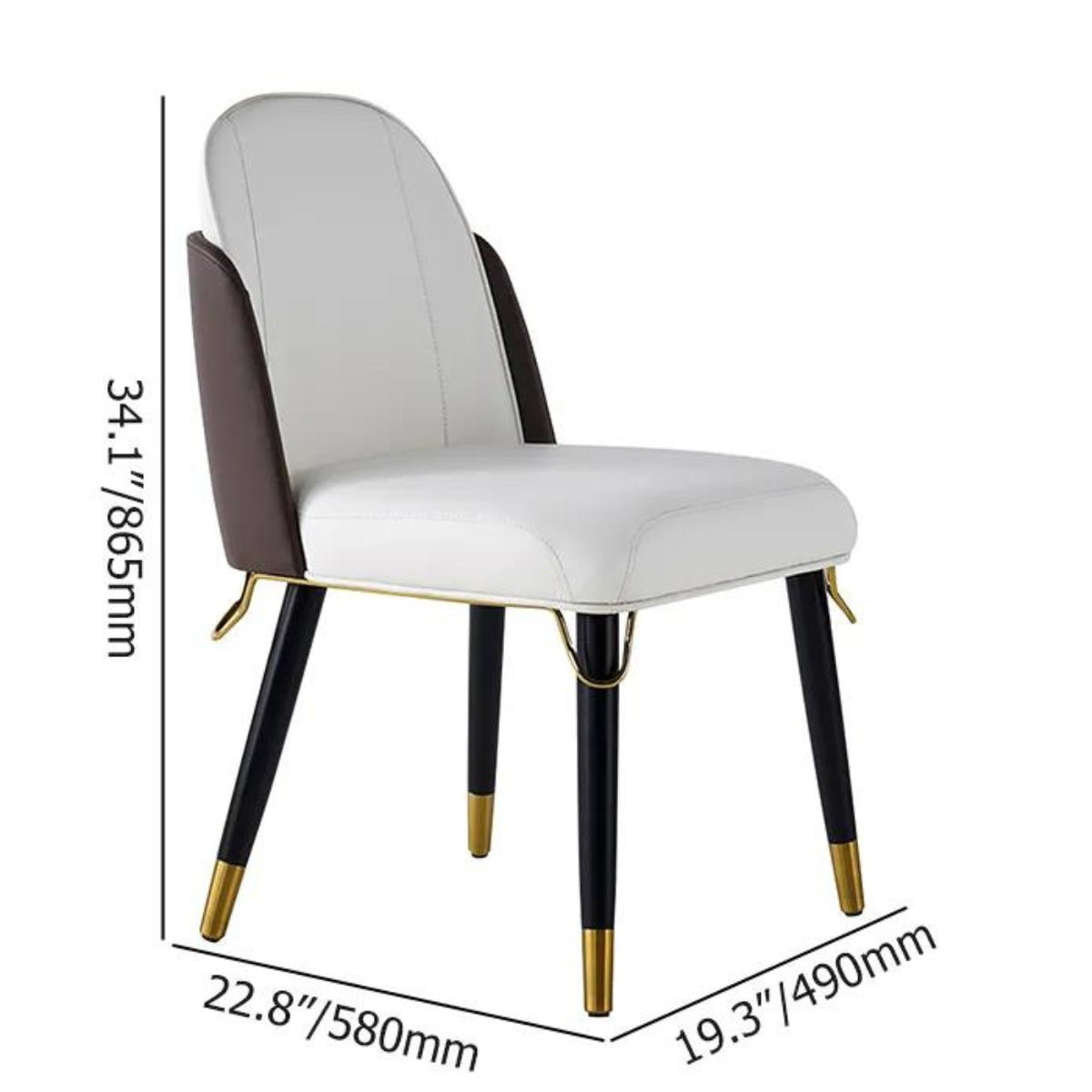 Dimensions of modern beige and black dining room chairs showing size and proportions