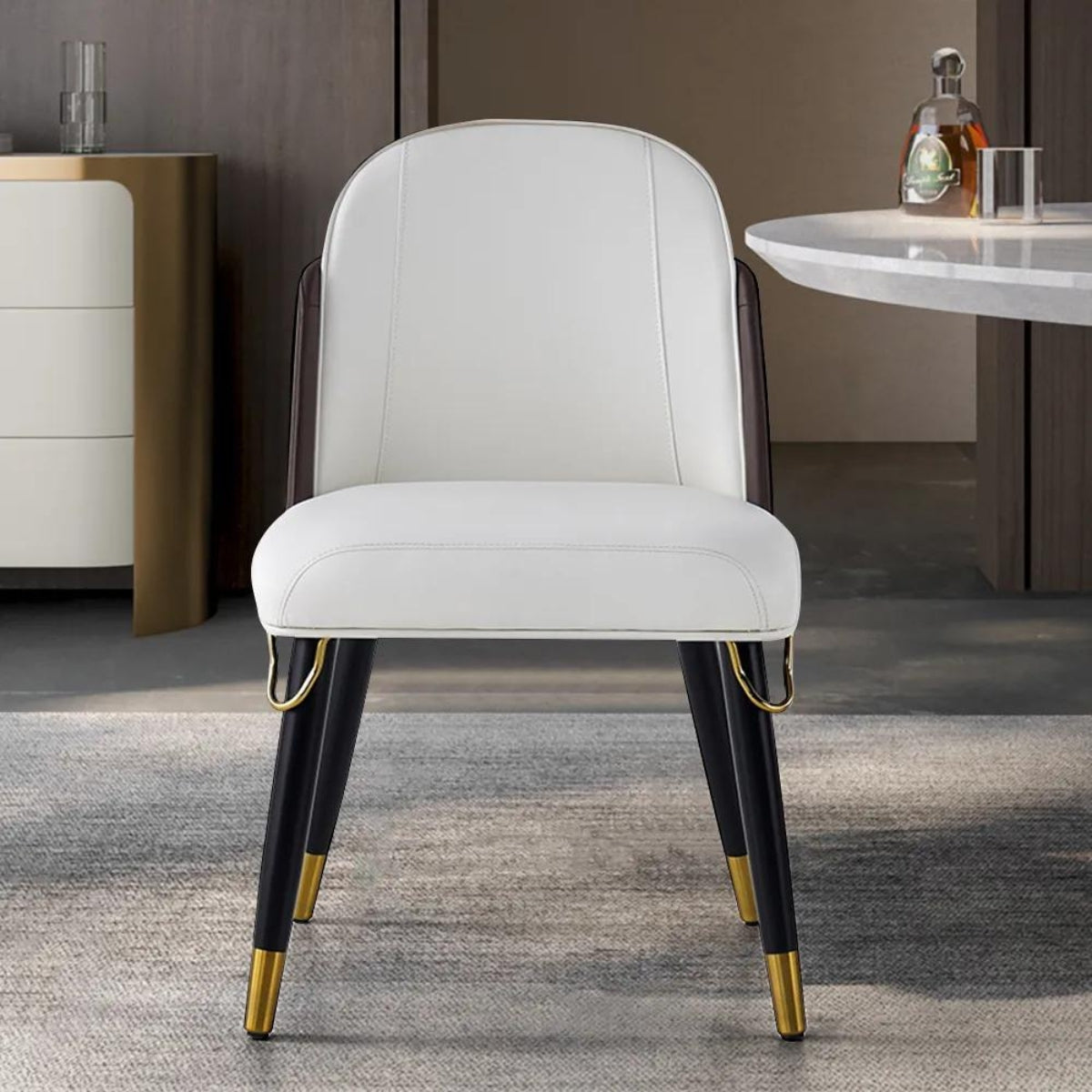 Front view of modern beige and black dining room chairs – elegant and stylish design