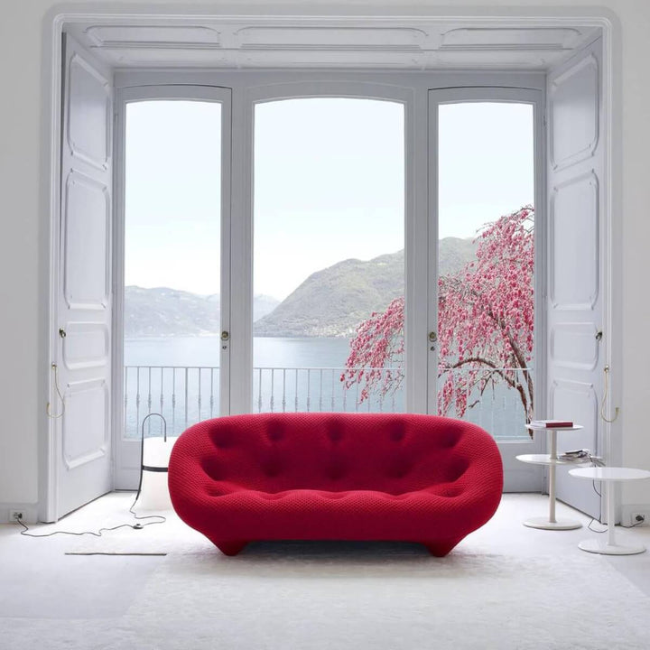 Front view of red Ploum Medium Settee High Back in Australia showcasing bold and cozy design