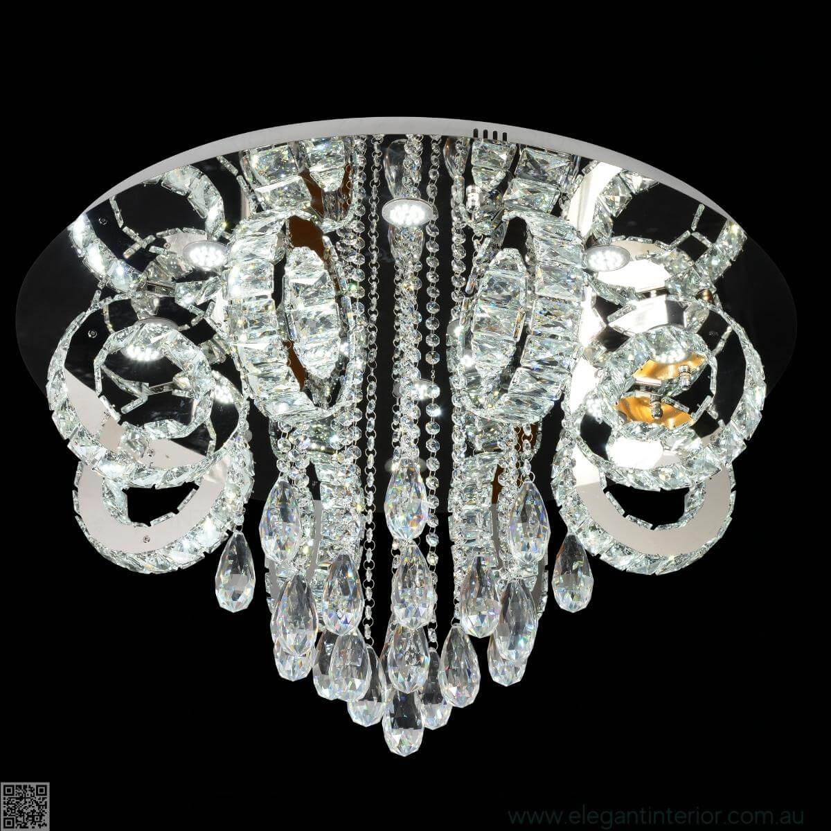 Rihanna LED gold chandelier front view featuring crystal accents and a sleek, modern luxury design.