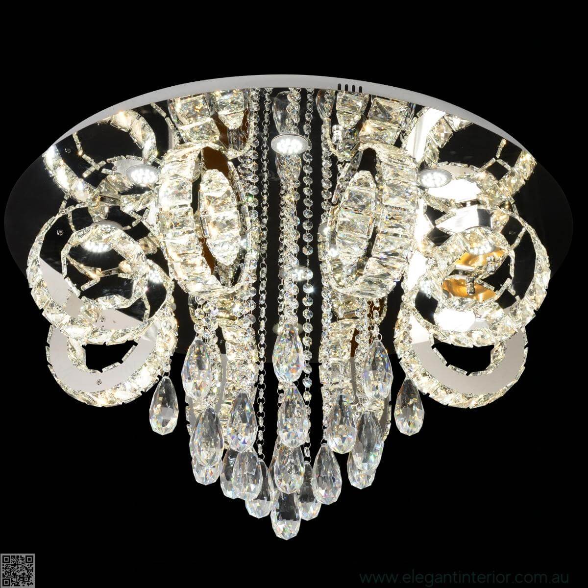 Rihanna LED gold chandelier front view featuring crystal accents and a sleek, modern luxury design