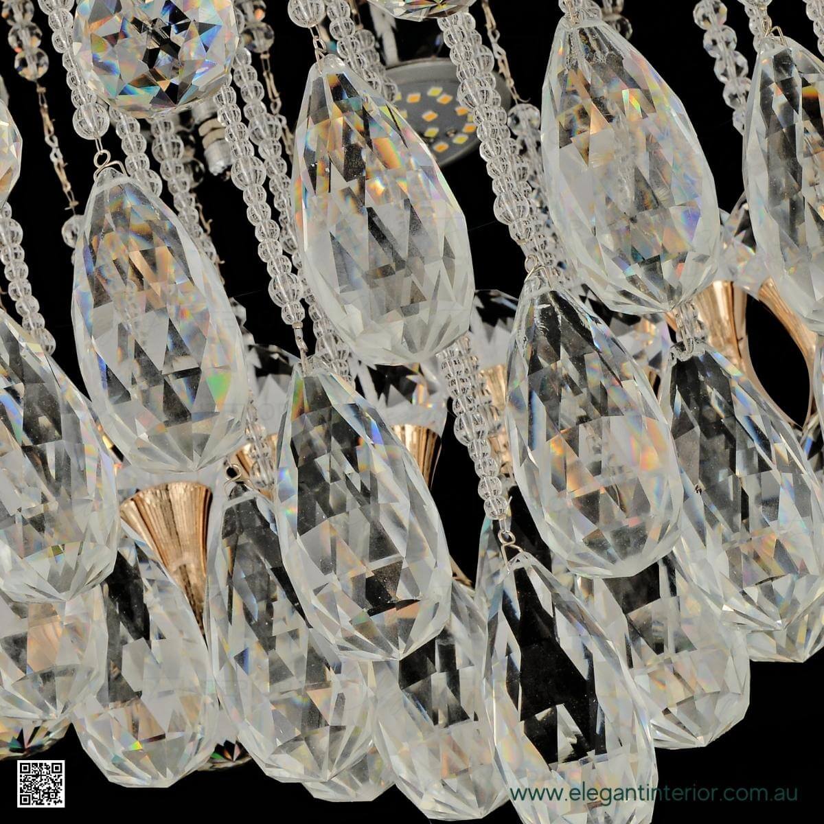 Close-up detail view of Rihanna LED gold chandelier showcasing crystal elements and elegant finish