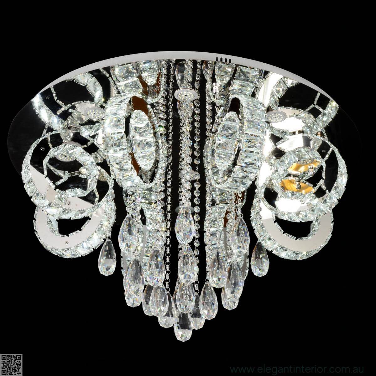 Rihanna LED gold chandelier front view featuring crystal accents and a sleek, modern luxury design.