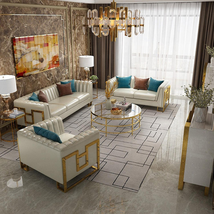 Rose luxury coffee table in living room – elegant glass top with gold base, adding modern sophistication to the space