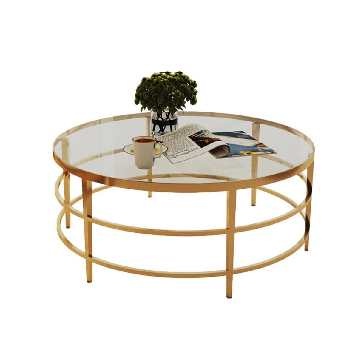 Front view of Rose luxury coffee table in elegant interior – sleek glass top with polished gold base, modern and stylish design