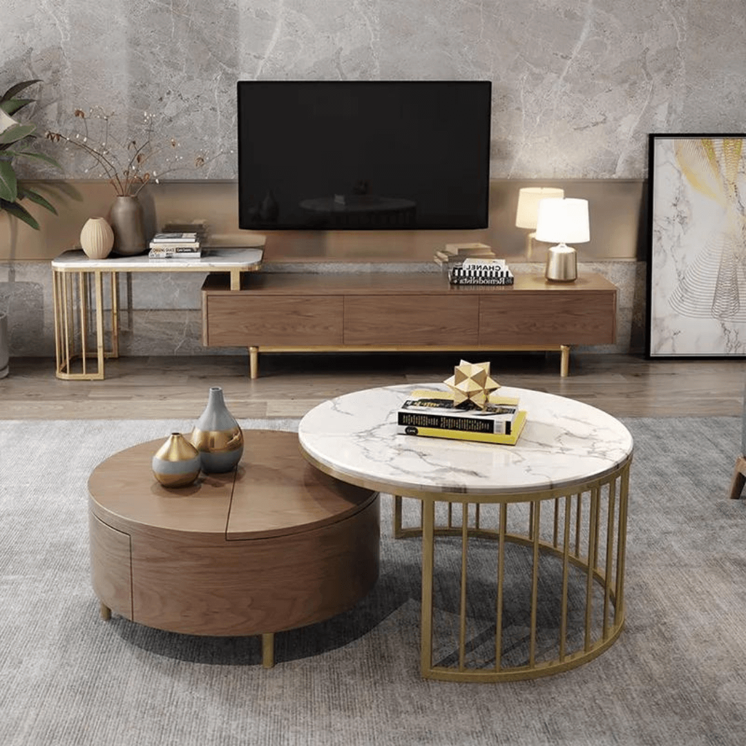 Modern chic round wood storage coffee table natural rotating accent table sale