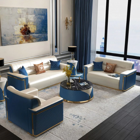 Aliya Modern Blue Leather Luxury Sofa Set