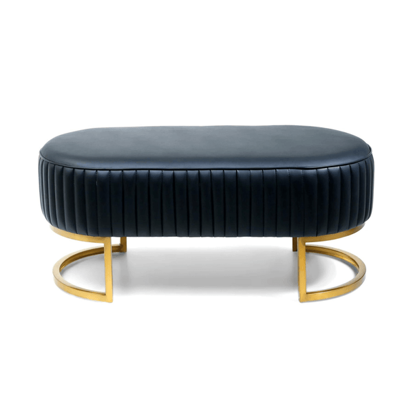 Shell leather oval bench with golden half-moon base, stylish and elegant seating design