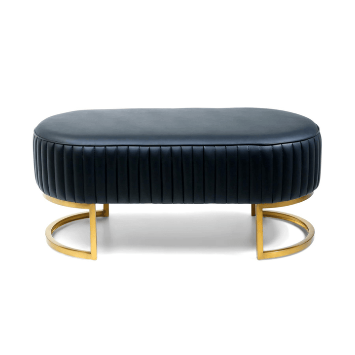 Shell leather oval bench with golden half-moon base, stylish and elegant seating design