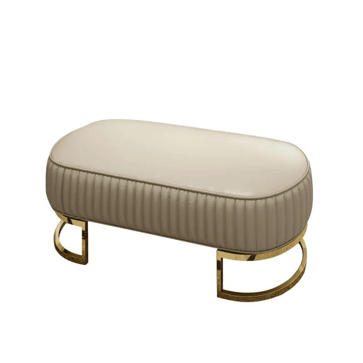 Side view of Shell leather oval bench with golden half-moon base, elegant modern seating