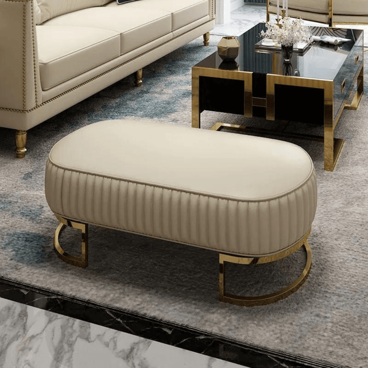 Back view of Shell leather oval bench with golden half-moon base, stylish modern seating