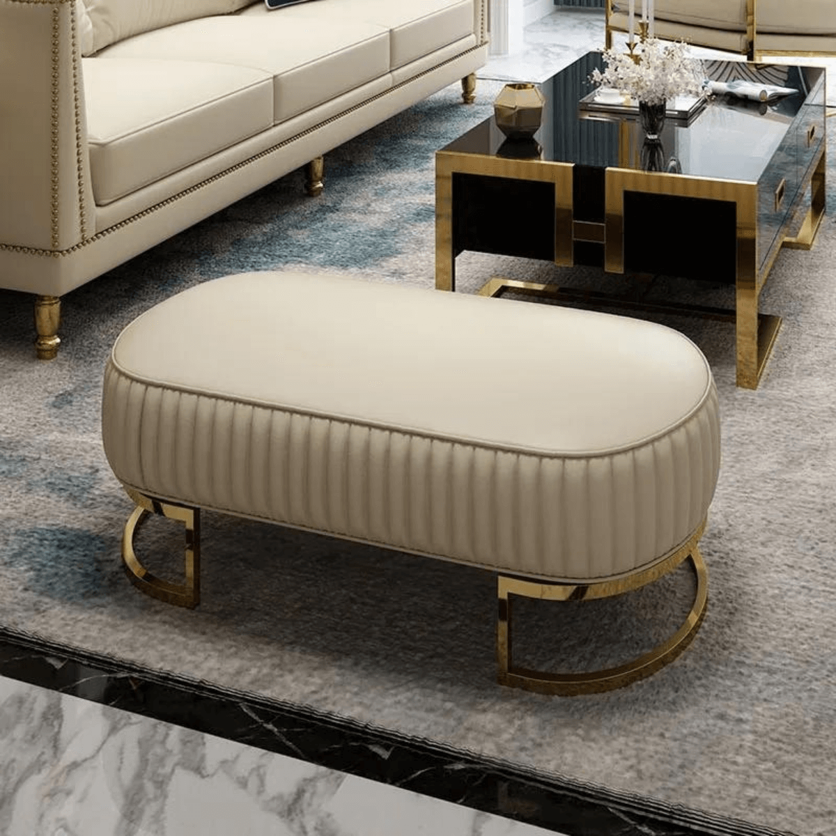 Shell Leather Oval Bench with Golden Half-moon Base 3