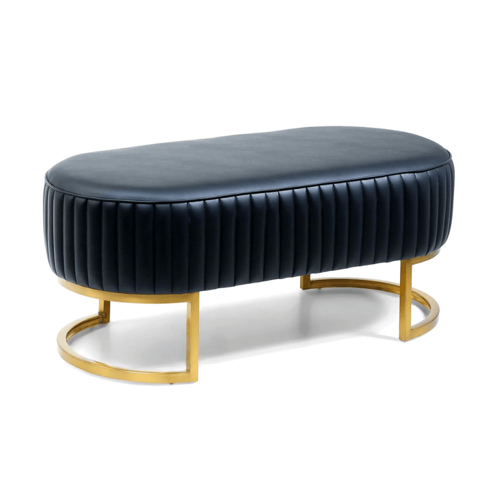 Side view of Shell leather oval bench with golden half-moon base, elegant modern seating