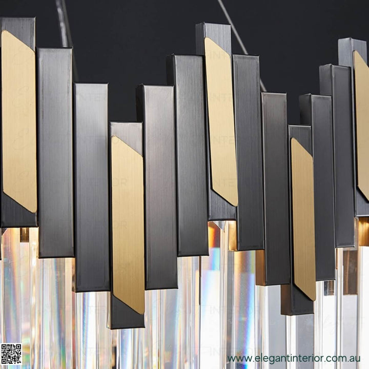Detail view of Sophia black and gold chandelier – close-up of intricate crystal design and luxurious metallic finish