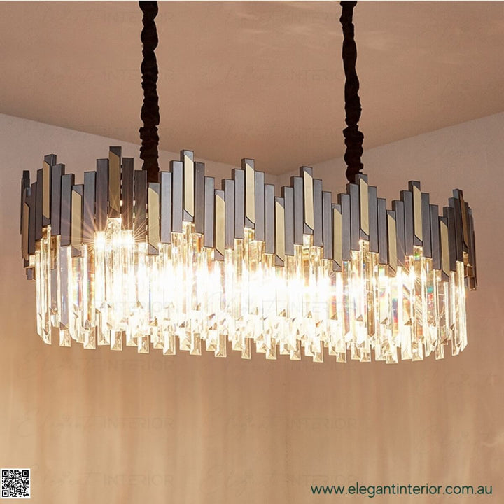 Sophia black and gold chandelier illuminated – elegant lighting fixture with sparkling crystals and warm glow
