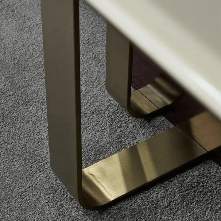 Stand view of steel dining table in Australia, showcasing strong base and modern construction