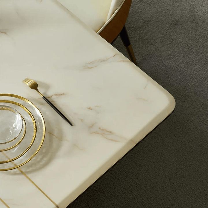 Top corner view of steel dining table in Australia, highlighting sleek edges and modern design