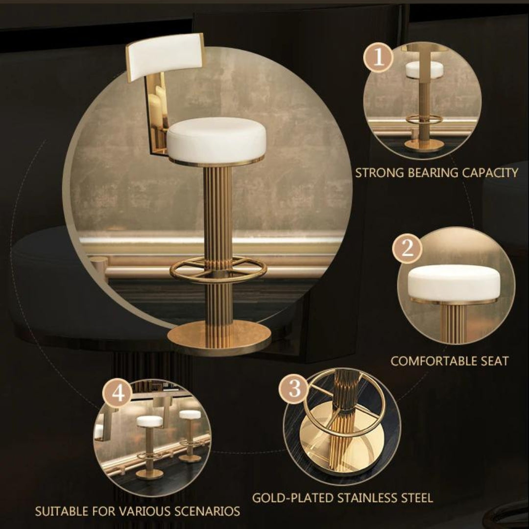 Tina luxury bar stool with gold finish in elegant Australian interior – modern design featuring plush seating and refined gold accents