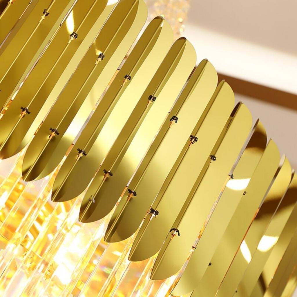 Close detail view of Tara chandelier in elegant Australian interior – intricate crystal design with polished metal accents