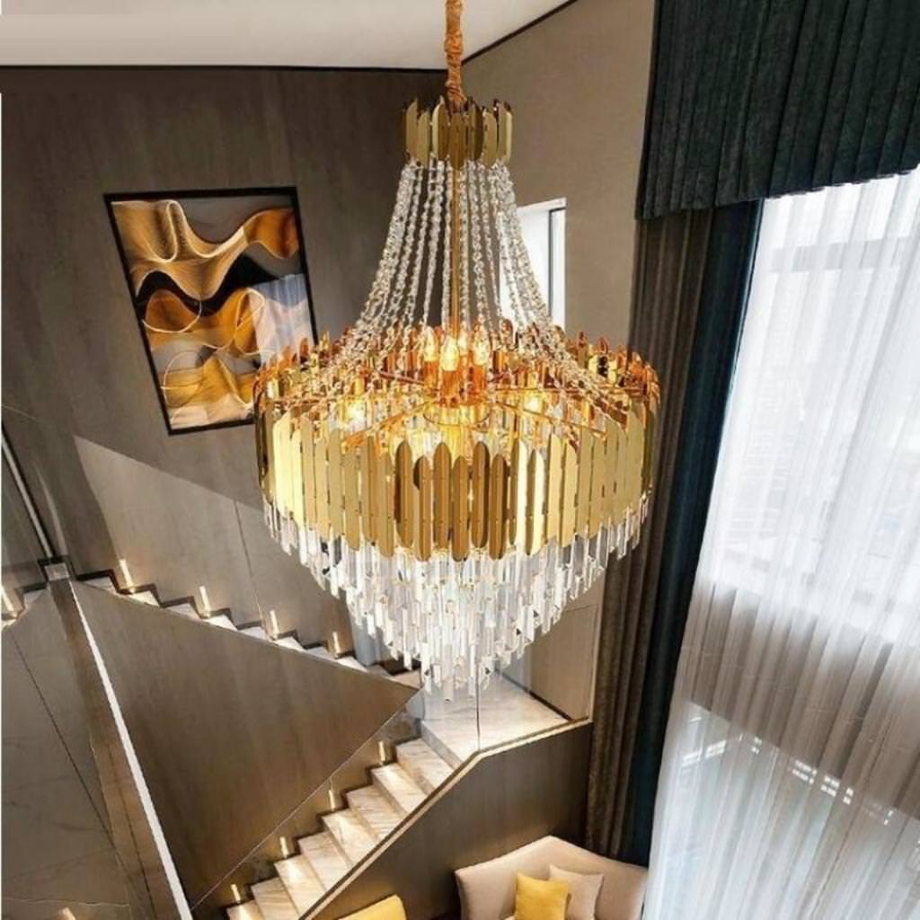 Top view of Tara chandelier in elegant Australian duplex second floor – grand lighting fixture with intricate crystal design