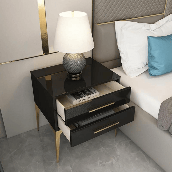 Top view of Tulip bedside table in Australia with drawer open, showing spacious storage