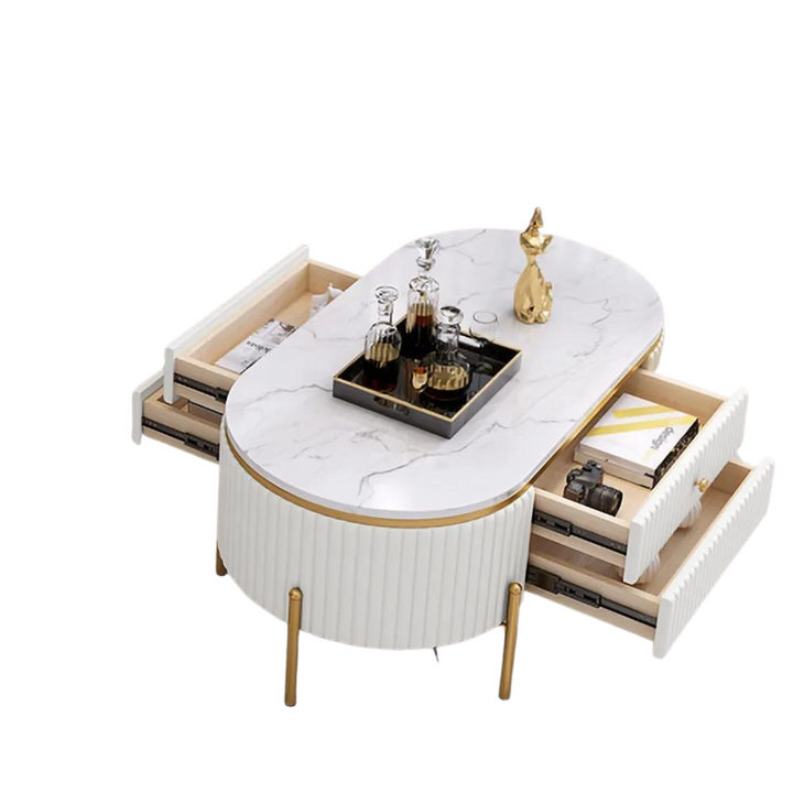 White oval coffee table with storage in Australia – open drawer view showcasing spacious and practical storage