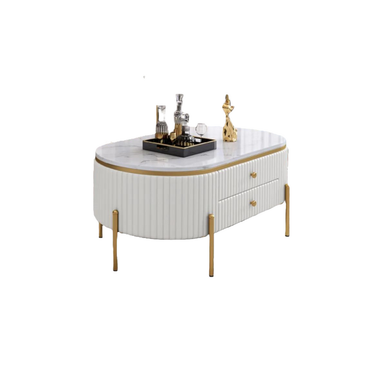 Side view of white oval coffee table with storage in Australia – modern design with elegant curves and functionality
