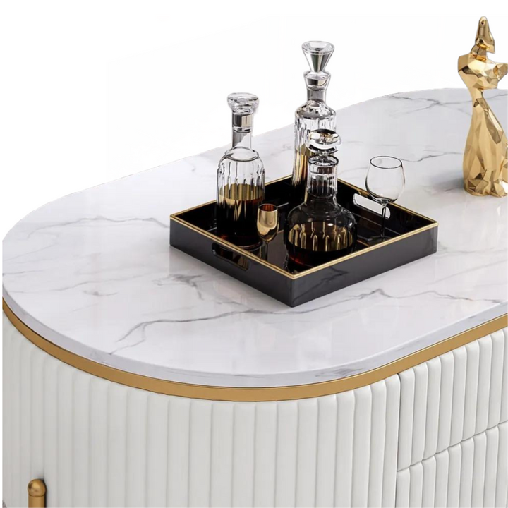 Upper side tabletop detail view of white oval coffee table with storage in Australia – smooth surface and refined finish