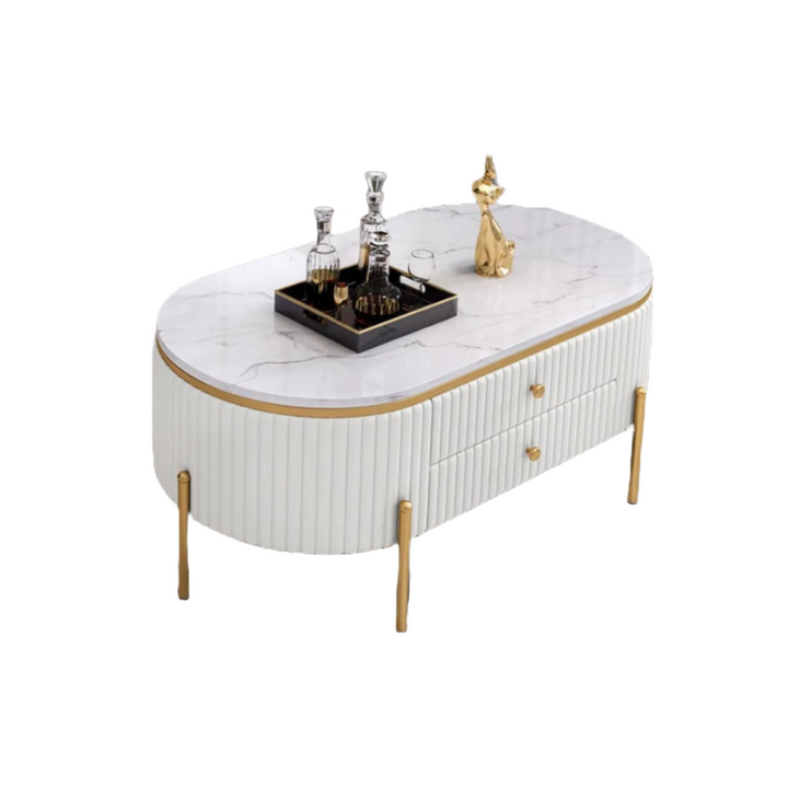 Upper side view of white oval coffee table with storage in Australia – sleek design with functional storage
