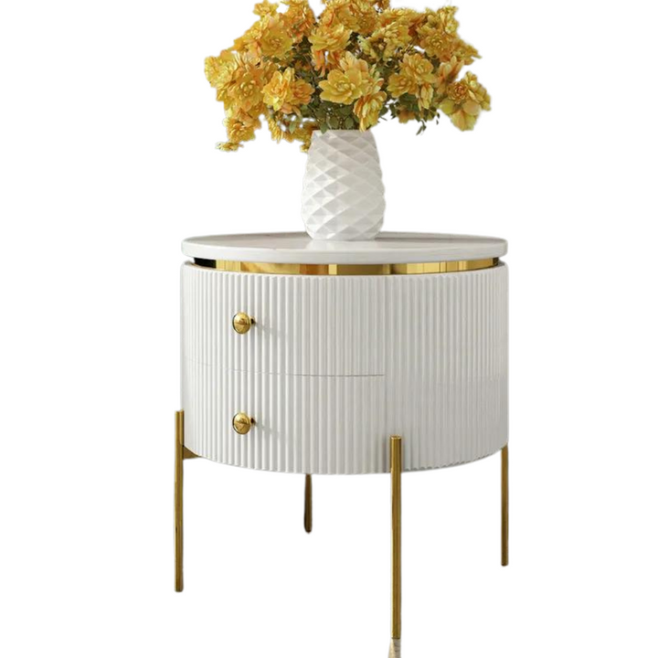 Side view of white round coffee table with storage in Australia – modern design with practical functionality