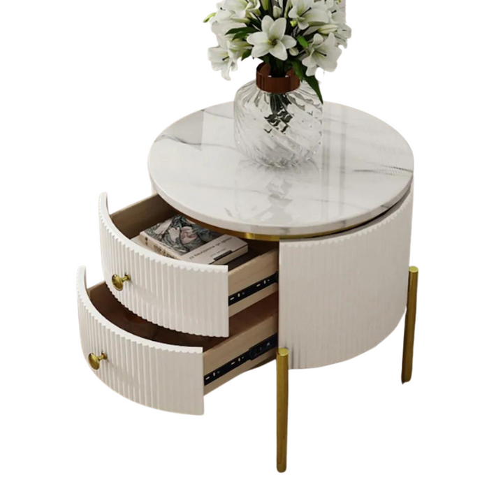 Top view of white round coffee table with storage in Australia – smooth surface with modern minimalist design