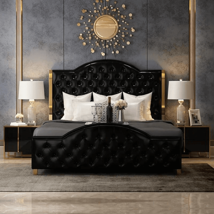 Black Zara queen bed front view in Australia, sleek modern design with elegant finish