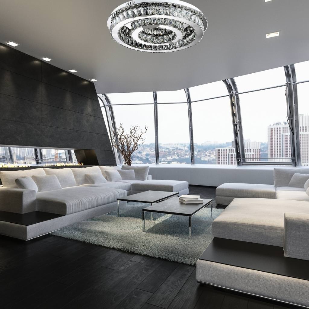  Aria LED chandelier by Lux Decor Australia, elegant crystal ceiling light installed in modern living room