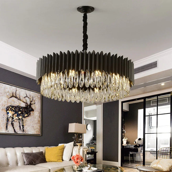 Modern black chandelier lighting with round crystal hanging lamp for living room, bedroom, and dining room, LuxDecor Australia