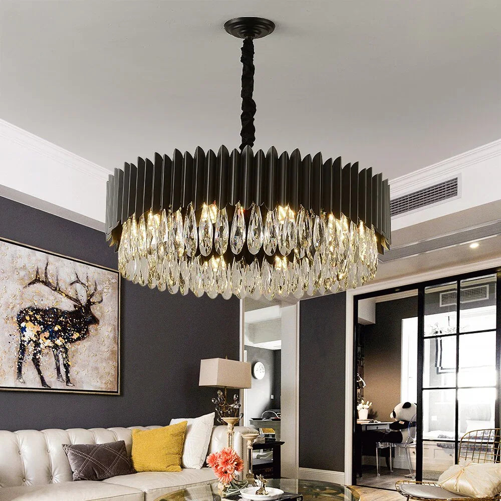 Modern black chandelier lighting with round crystal hanging lamp for living room, bedroom, and dining room, LuxDecor Australia